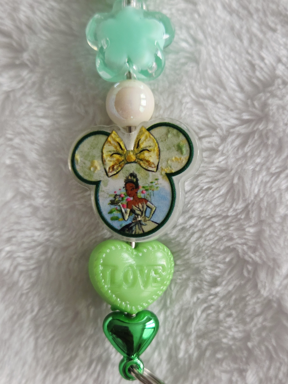 Princess Tiana Green Heart Carabiner Charm Keychain with Bead Accents - Picture 2 of 2